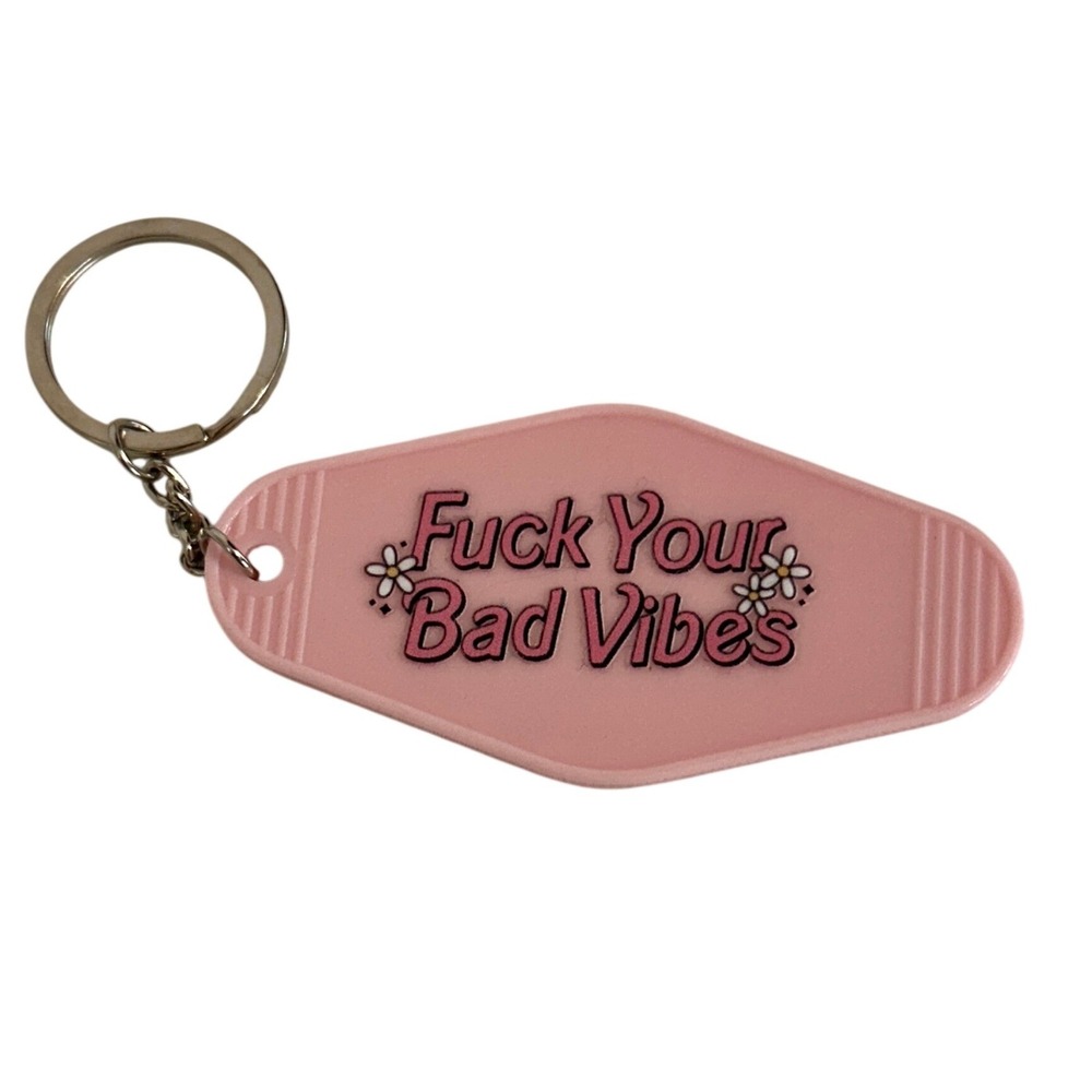 Handcrafted Pink Motel Keychain F-k Your Bad Vibes Retro Daisy Key Tag Accessory
